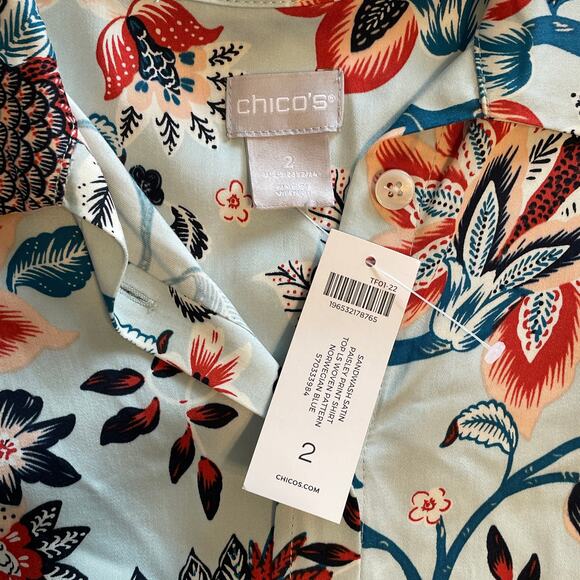 Chico's NEW Sandwash Satin Top Size 2 (Womens Large) Light Blue Paisley Floral - Picture 6 of 9